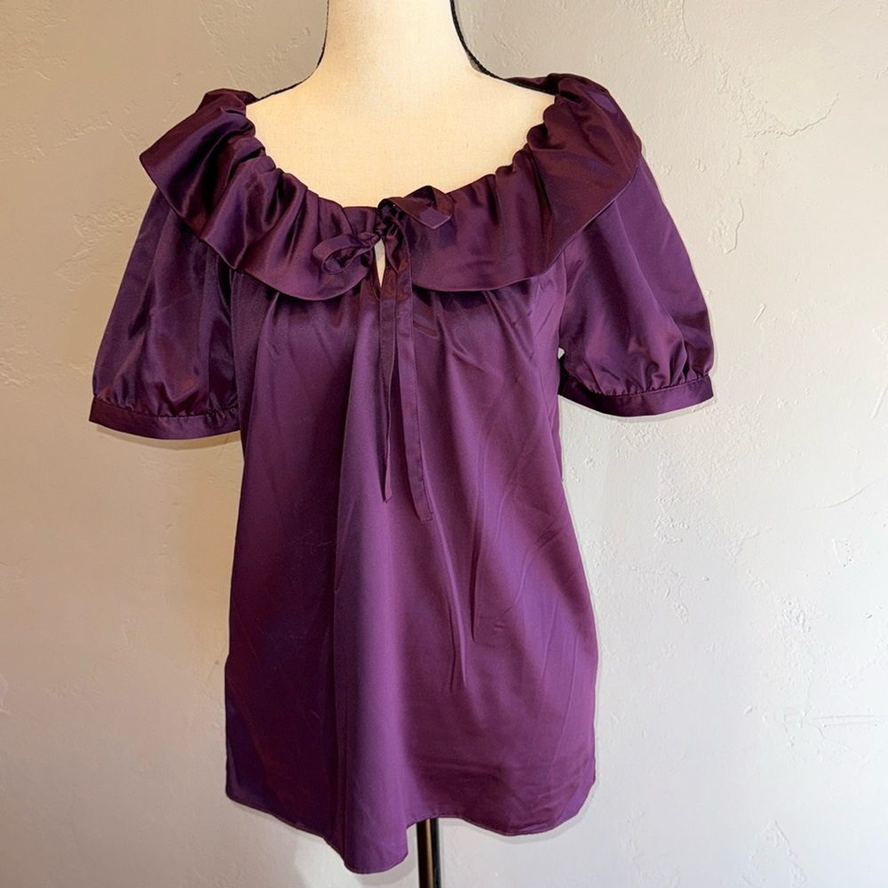 NWT Ann Taylor LOFT purple puff sleeve ruffled neck silky blouse. Size Small